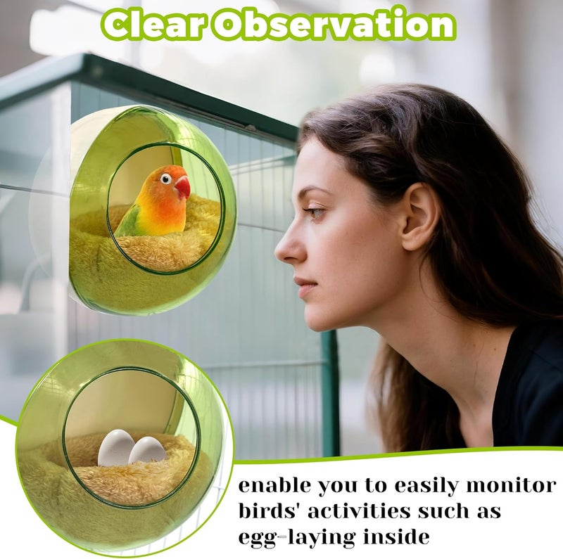 Jevnd Bird Nest for Cage Bite-Resistant, Washable Clear Observation Small Bird House Hanging, Warm Birds Bed Plush Hut, Parakeet Nest to Lay Eggs Breeding Sleeping for Budgie Lovebird Canary (Green, Clear) - Image 3